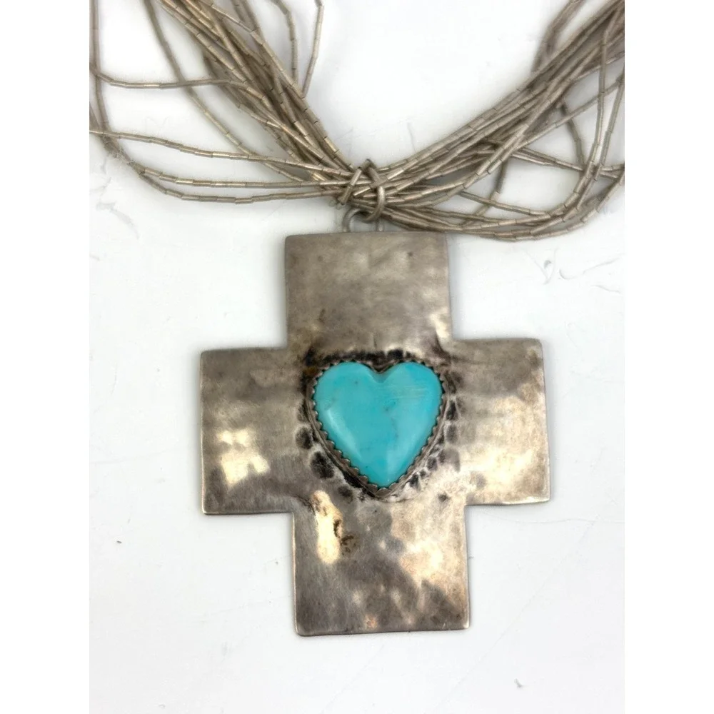 Vintage‎ Sterling Liquid Silver Heishi Bead Necklace Turquoise Heart Cross 32g